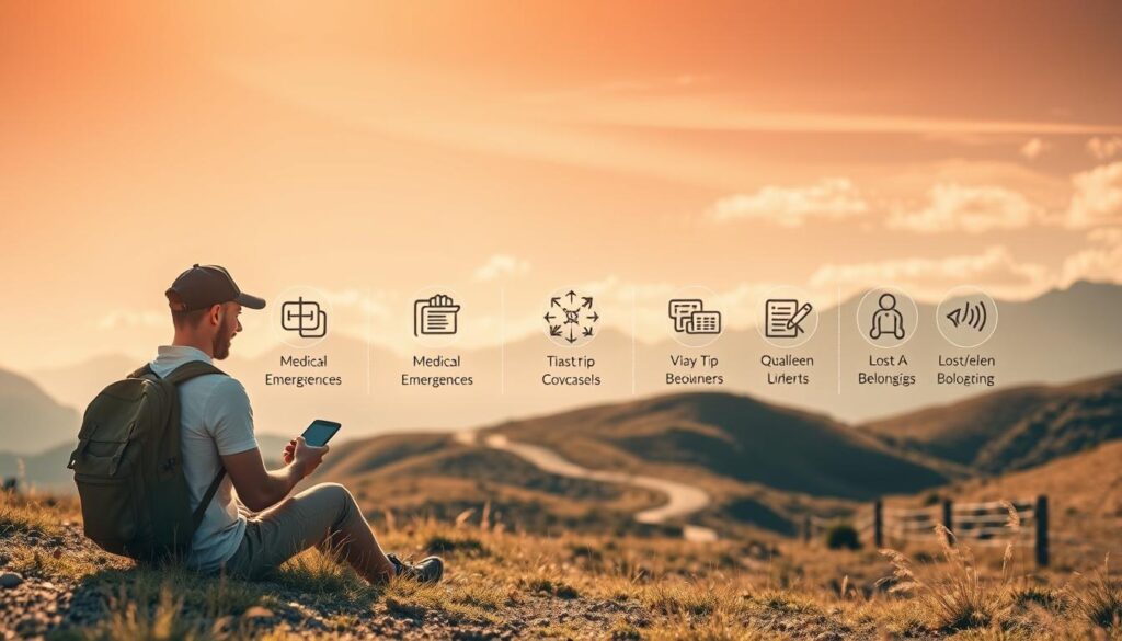 A tranquil, sun-dappled landscape showcasing the varied coverage of a comprehensive gap year travel insurance policy. In the foreground, a backpacker sits contentedly, reviewing their policy details on a digital device. The mid-ground features icons and symbols representing the diverse protection elements - medical emergencies, trip cancellations, lost/stolen belongings, and more. In the background, a winding road leads to distant mountains, evoking the spirit of adventure and exploration that defines a gap year. Soft, warm lighting filters through wispy clouds, casting a serene, reassuring atmosphere over the scene. The composition is balanced, with clean lines and a minimalist aesthetic to emphasize the importance of well-rounded travel insurance coverage.