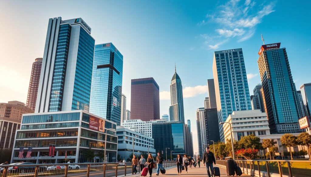 A vibrant cityscape with towering skyscrapers and bustling streets, showcasing the headquarters of prominent gap year travel insurance providers. In the foreground, sleek modern buildings housing their offices, with subtle branding and signage. The middle ground features people hurrying along the sidewalks, suitcases in hand, conveying a sense of adventure and preparation for gap year travels. The background is bathed in warm, golden-hour lighting, creating a welcoming atmosphere. The composition is balanced, with the buildings framed by a clear blue sky and the occasional wispy cloud. The overall scene projects a sense of security, reliability, and a wide range of options for gap year travelers seeking comprehensive travel insurance coverage.