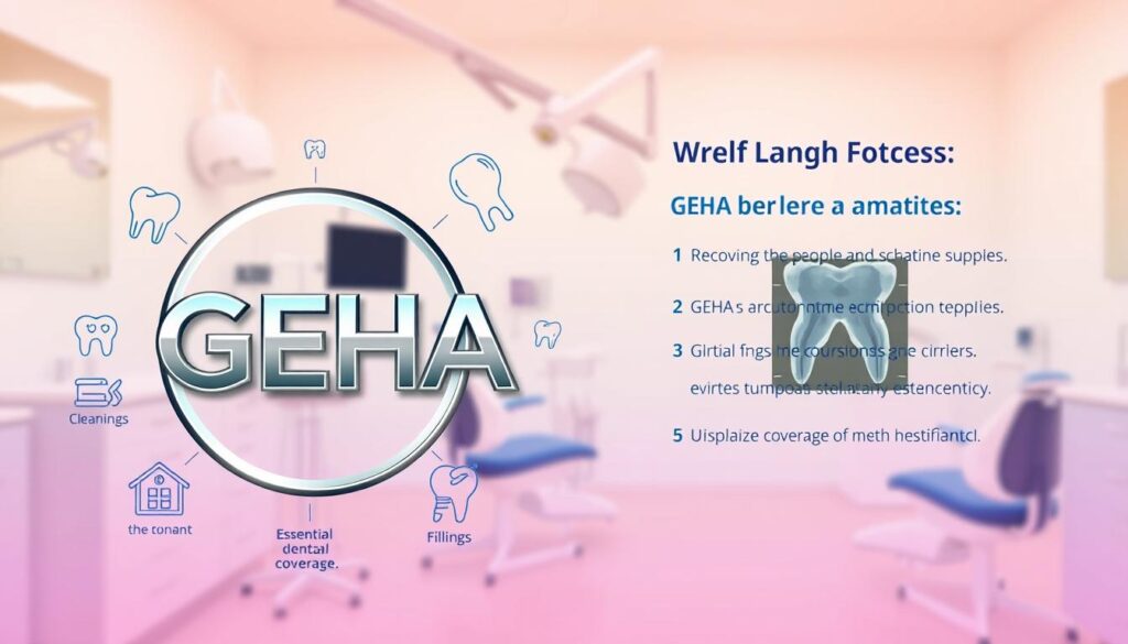 A vibrant, clean-lined image of the GEHA dental insurance logo and key coverage details. In the foreground, a polished, metallic GEHA logo stands out against a soft, pastel gradient background. Surrounding the logo, detailed icons and text highlight essential dental benefits like cleanings, fillings, and orthodontics. The middle ground features a sharp, photorealistic depiction of healthy teeth and a dental X-ray. In the background, a blurred, professional office setting with dentist chairs and examination tools conveys the practical application of GEHA's dental coverage. Crisp lighting and a clinical, yet approachable color palette contribute to an informative, confidence-inspiring tone.