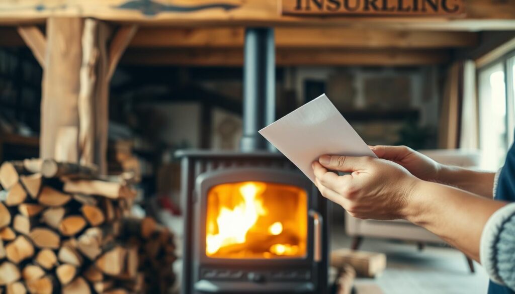 A warm, cozy wood stove sits in the foreground, its flames casting a soft, amber glow. The stove is surrounded by stacks of neatly chopped firewood, hinting at the practical side of home heating. In the middle ground, a pair of hands hold insurance papers, symbolizing the importance of ensuring proper coverage for this essential household appliance. The background features a cozy, rustic interior, with exposed wooden beams and a comfy armchair, creating an atmosphere of comfort and security. Soft, diffused lighting illuminates the scene, evoking a sense of tranquility and care.