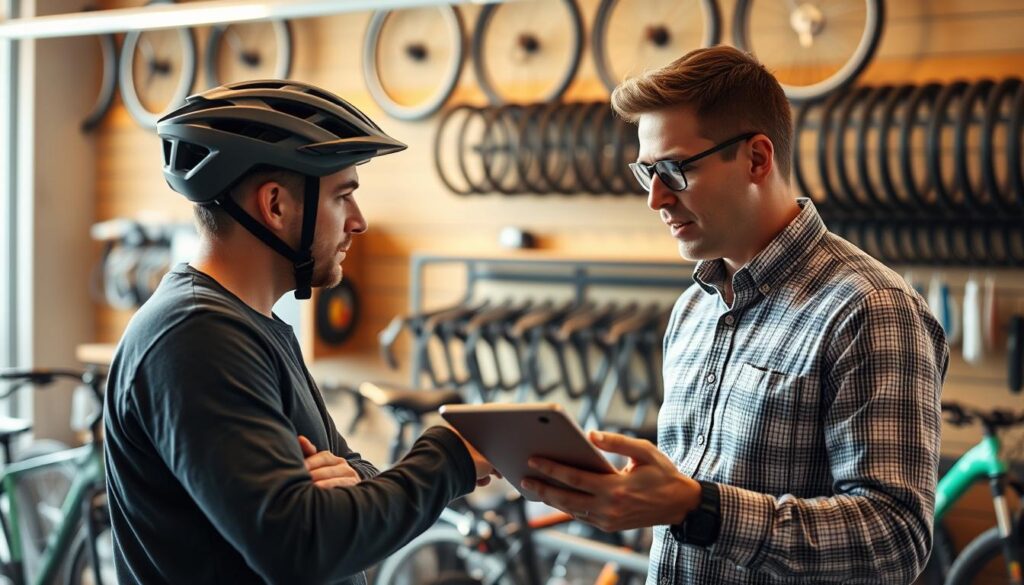A well-lit bicycle rental shop, with a customer attentively discussing insurance options with a knowledgeable sales associate. The customer is wearing a helmet, and the shop is filled with a variety of bike models and accessories. The lighting is warm and inviting, creating a sense of trust and professionalism. The sales associate is gesturing toward a tablet, explaining coverage details and policy options. The background features shelves of neatly organized bike parts and maintenance tools, conveying a sense of reliability and expertise. The overall scene suggests a thorough assessment of the customer's bike rental insurance needs, with a focus on protection and peace of mind.