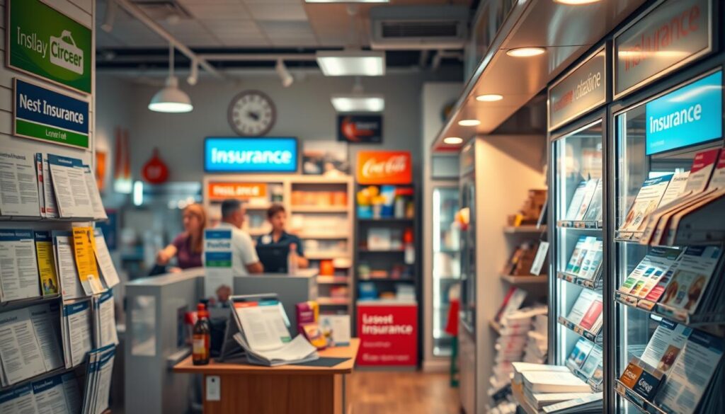 A well-lit convenience store interior, showcasing a diverse array of insurance policies, brochures, and signage displayed on the counters and shelves. The scene has a professional, reassuring atmosphere, with warm lighting and a clean, organized layout. In the background, a blurred view of the store's exterior, suggesting a safe and secure environment. The overall composition conveys the importance of comprehensive insurance coverage for a thriving convenience store business.