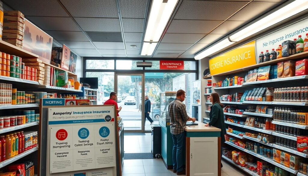 A well-lit convenience store interior, with bright fluorescent lights illuminating the shelves stocked with snacks, drinks, and other merchandise. In the foreground, a display showcases various insurance policies, each with a distinct symbol or icon representing different coverage options. The middle ground features a customer service counter, where a friendly clerk is assisting a customer in discussing their insurance needs. The background depicts a serene urban street scene outside the store, with passing pedestrians and vehicles, suggesting the importance of comprehensive protection for this bustling small business.