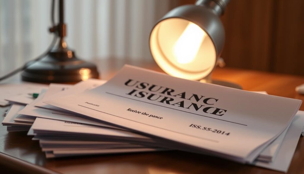 A well-lit, high-resolution photograph of a stack of official-looking documents, including a car insurance policy with a clearly visible issue date in the past. The documents are positioned on a wooden desk or table, with a vintage desk lamp casting a warm, focused light on the scene. The background is slightly blurred, hinting at a professional office setting. The overall mood is one of legitimacy, attention to detail, and a sense of resolving a specific insurance-related issue.