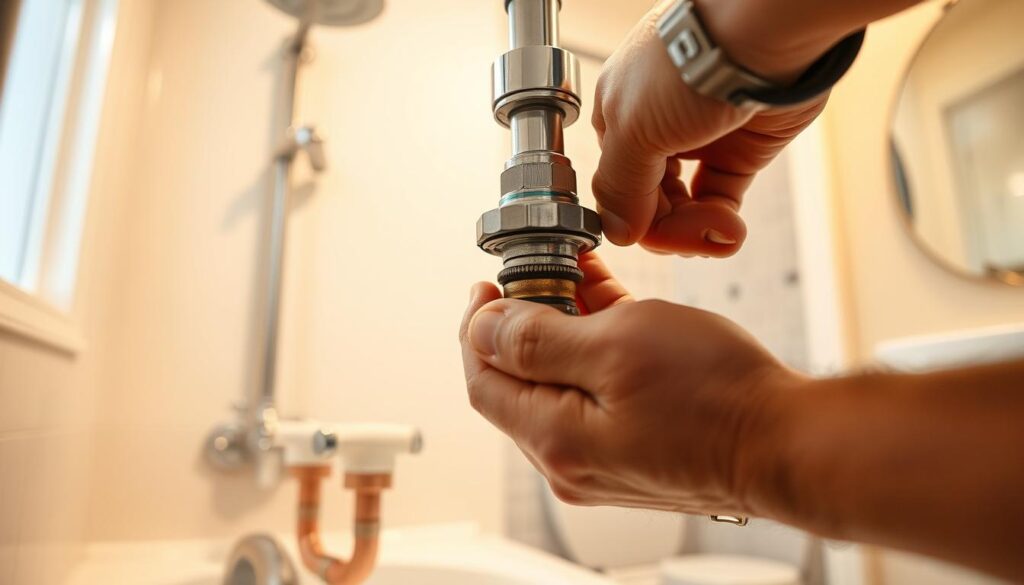 A well-lit interior scene of a residential bathroom, with the focus on the polybutylene pipe replacement process. In the foreground, a plumber's hands carefully disconnecting an old polybutylene pipe, showcasing the intricate steps involved. In the middle ground, the new copper or PEX replacement pipes are visible, neatly installed and ready to be connected. The background features the bathroom's fixtures, tiles, and other relevant details, creating a comprehensive visual representation of the pipe replacement workflow. The lighting is warm and natural, highlighting the precision and expertise required for this task. The overall atmosphere conveys a sense of professionalism and attention to detail, reflecting the importance of this process for homeowners.