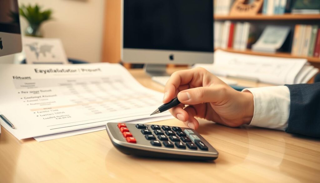 A well-lit office setting, with a desk, computer, and various financial documents. In the foreground, a calculator and a hand holding a pen, symbolizing the process of calculating the key person disability insurance coverage amount. The middle ground features a graph or chart displaying relevant data and formulas. The background showcases a bookshelf or wall decor, conveying a professional and analytical atmosphere. The lighting is soft and natural, creating a sense of focus and clarity. The overall scene should reflect the importance of carefully determining the appropriate coverage amount to protect the company's future.
