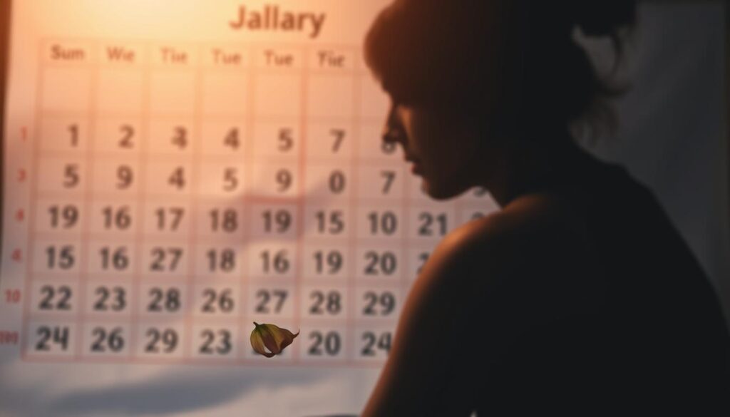 A woman's silhouette sits against a backdrop of a calendar, representing the passage of time during the elimination period for pregnancy. The scene is bathed in soft, warm lighting, conveying a sense of introspection and quiet contemplation. In the foreground, a delicate flower petal falls, symbolizing the fragility and sensitivity of this particular situation. The image is captured through a shallow depth of field, with the calendar pages blurred in the background, emphasizing the focal point of the woman's pensive expression.