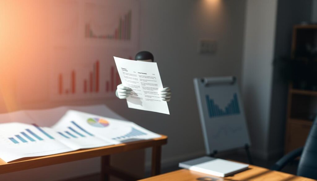 An adjustable life insurance policy is represented by a flexible contract with a dynamic figure, standing in a warm, well-lit office setting. The figure holds a document, symbolizing the adaptable nature of the coverage, against a backdrop of financial charts and graphs. Soft, directional lighting casts subtle shadows, conveying a sense of professionalism and reliability. The overall composition suggests the policy's ability to evolve alongside the policyholder's changing life circumstances.