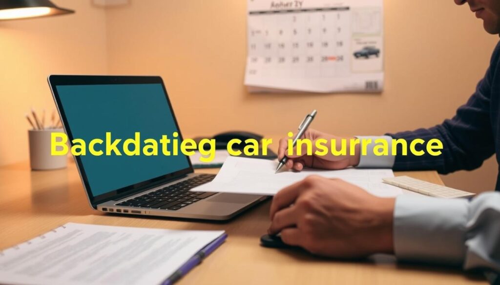 An office desk with a laptop, papers, and a pen. A person sits in front of the desk, carefully reviewing documents. Behind them, a calendar on the wall shows the current date. Warm, directional lighting illuminates the scene, creating a sense of focus and attention to detail. The overall atmosphere conveys the methodical process of backdating car insurance, with a subtle air of professionalism and organization.