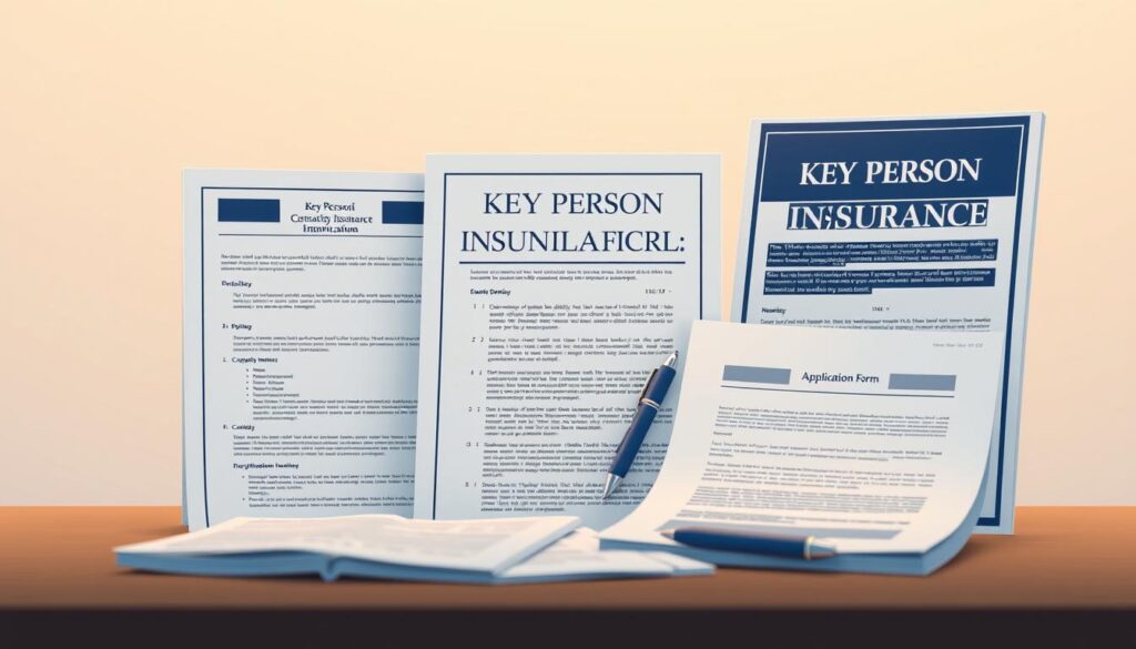 Detailed illustration of key person disability insurance policies, showcasing various policy documents and forms against a clean, professional backdrop. High-quality rendering with crisp lines, warm lighting, and a subtle depth of field effect to draw attention to the key elements. Policies and application forms arranged neatly, conveying the comprehensive nature of these insurance products. Muted color palette with accents of navy blue and gray, reflecting the seriousness and importance of the subject matter. Evoke a sense of security, protection, and financial planning for a company's future.