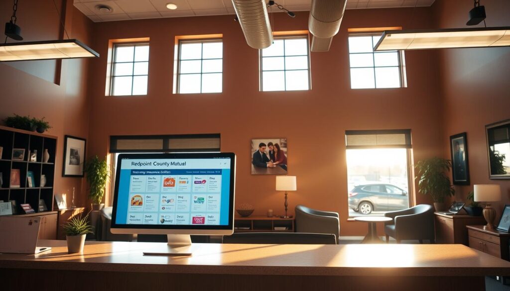 Redpoint County Mutual insurance office, illuminated by warm, natural light streaming through large windows. On the front desk, a sleek computer display showcases various insurance quote options, surrounded by tasteful modern decor. In the background, a cozy seating area invites visitors to discuss their coverage needs with knowledgeable agents. The overall atmosphere exudes professionalism, trust and a commitment to providing reliable, personalized insurance solutions.