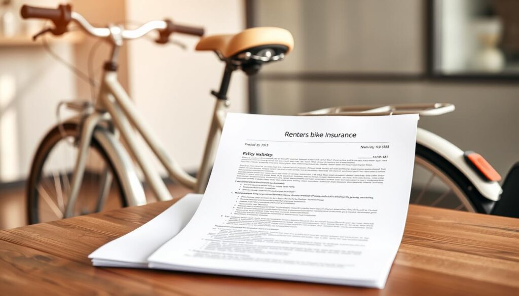 a high-resolution photo of a renter's bike insurance policy document on a wooden table, with a bicycle in the foreground, slightly out of focus. The document is open and clearly visible, showing the policy details. The bicycle is a modern city bike, with a sturdy frame, comfortable saddle, and practical accessories like fenders and a rear rack. The lighting is soft and natural, creating a warm, inviting atmosphere. The background is blurred, creating a sense of depth and focus on the key elements. The overall scene conveys the importance of bike rental insurance and the protection it provides for individual riders.