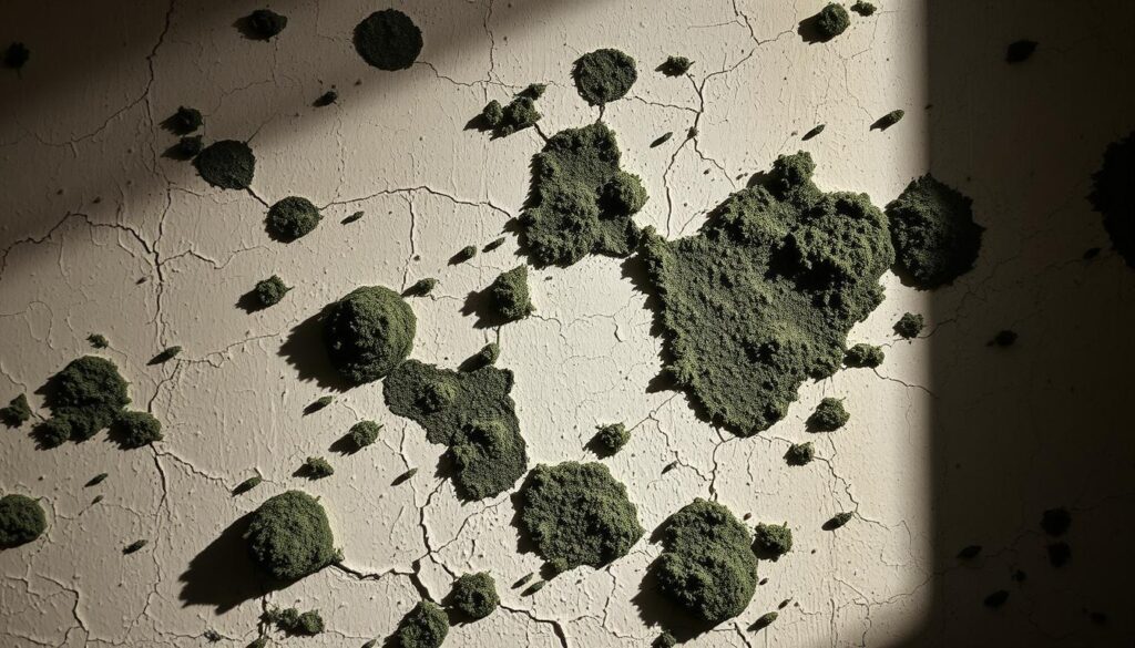 A close-up view of a damp, discolored wall surface, showcasing clear signs of mold growth. The mold appears as patches of fuzzy, greenish-black textural spots scattered across the surface, with hints of moisture seeping through the cracked plaster. Dramatic backlighting casts dramatic shadows, emphasizing the uneven, irregular patterns of the mold. The overall scene conveys a sense of neglect and unhygienic conditions, highlighting the importance of prompt identification and remediation of such mold issues in the home.