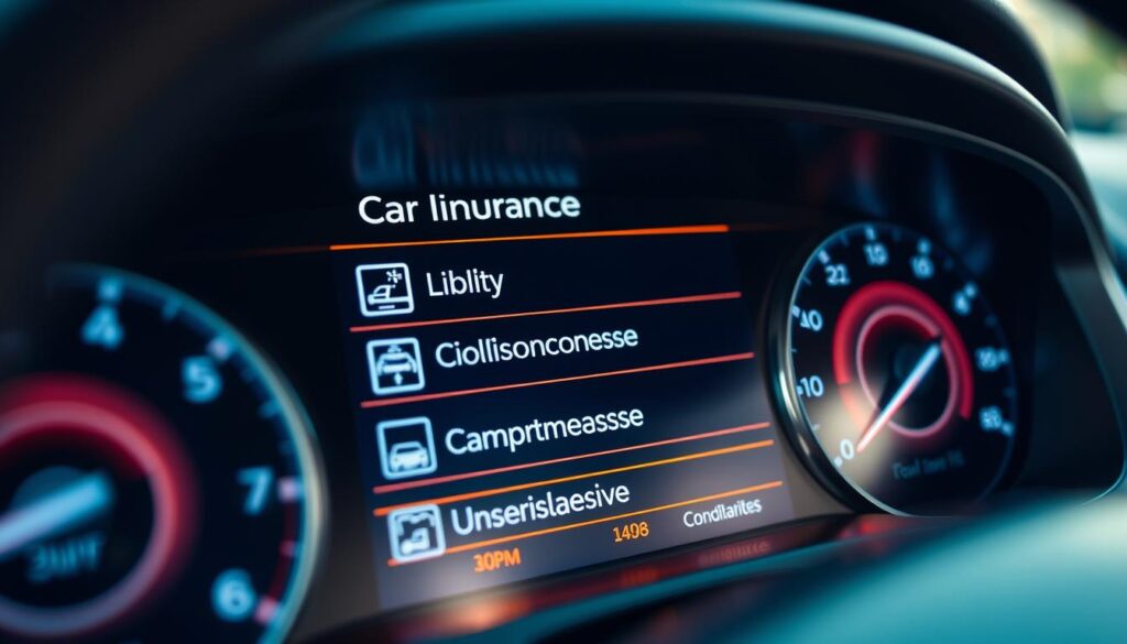 A closeup view of a car dashboard, focusing on the car insurance coverage section. The display shows various coverage options such as liability, collision, comprehensive, and uninsured motorist coverage, with clear icons and labels. The dashboard is well-lit, with a warm, inviting color palette that conveys a sense of security and protection. The camera angle is slightly elevated, creating a sense of depth and emphasizing the importance of the insurance coverage details. The background is blurred, keeping the focus on the dashboard and the insurance information.