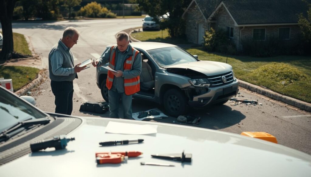 A detailed scene of the fault determination process in a private property accident, captured in a realistic cinematic style. In the foreground, two adjusters are examining a damaged vehicle, taking notes and measurements. In the middle ground, various tools and equipment used in the investigation are neatly arranged. In the background, the accident site is visible, with skid marks, debris, and a clear view of the surrounding private property. The lighting is natural, with soft shadows and highlights accentuating the details. The camera angle is slightly elevated, providing an overview of the entire process.