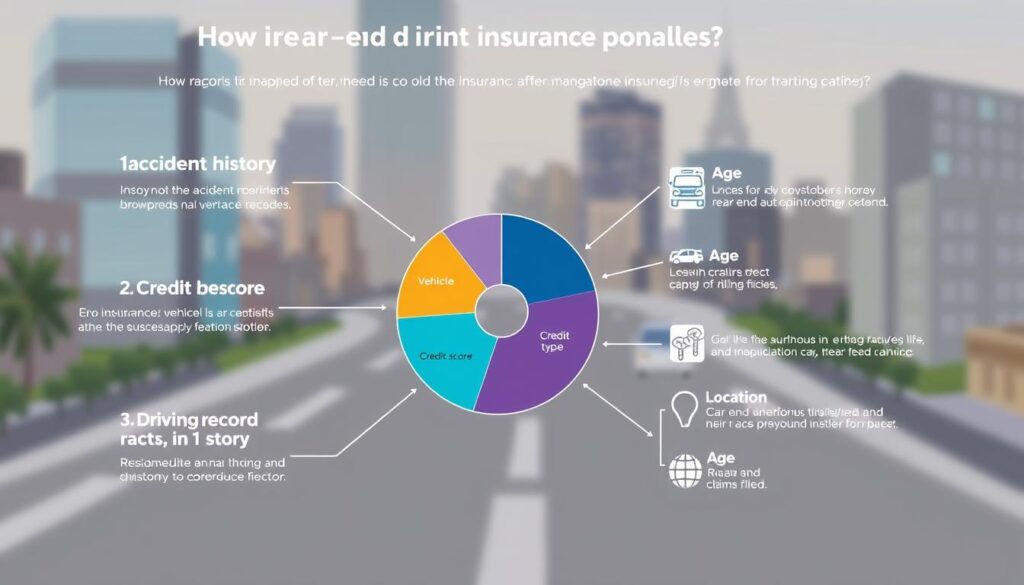 A detailed, well-lit illustration of key factors affecting insurance rate increases, presented in a clean, organized layout. In the foreground, a central pie chart showcases the primary drivers - accident history, credit score, vehicle type, and driving record. In the middle ground, smaller infographic icons illustrate supporting details like age, location, and claims filed. The background features a subtle, blurred urban cityscape, conveying the real-world context of insurance rates. The overall mood is informative and visually engaging, complementing the article's discussion of how a rear-end collision can impact one's insurance premiums.