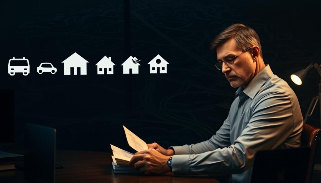 A dimly lit office, the atmosphere heavy with uncertainty. In the foreground, a businessman sits at his desk, brow furrowed as he examines a stack of insurance documents. The middle ground reveals a series of icons representing common coverage gaps - a car accident, a home fire, a medical emergency - each casting a long shadow, symbolizing the looming financial risks. In the background, a maze of winding roads and buildings, hinting at the complexities of private property and the potential for unexpected incidents. Soft, directional lighting casts a warm glow, creating a sense of unease and the need for a comprehensive protection plan.