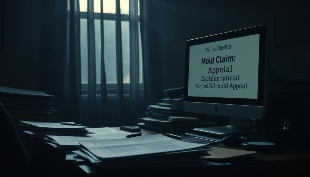A dimly lit office, with a sense of frustration and bureaucracy. On a cluttered desk, a stack of papers and a computer monitor displaying a denied mold claim appeal. A folder labeled "Mold Claim Appeal" sits among the clutter. A gloomy atmosphere pervades the scene, with muted colors and soft, dramatic lighting casting shadows across the room. The window in the background is partially obscured, hinting at the outside world beyond the confines of this administrative process. The overall mood evokes the challenge and difficulty of navigating the appeals process for a denied mold claim.