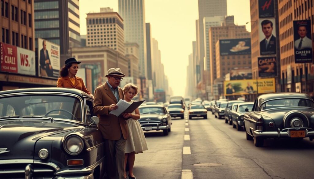 A historical scene depicting the early days of mandatory auto insurance. In the foreground, a well-dressed family stands beside their vintage automobile, expressions conveying a mix of concern and resignation as they review their newly required insurance policy. The middle ground features a bustling city street, with various makes and models of cars navigating the roads. In the background, towering skyscrapers and billboards suggest the setting is in the mid-20th century, when many states began enacting laws requiring drivers to carry liability coverage. The lighting is warm and slightly muted, evoking a sense of nostalgia. The overall atmosphere reflects the pivotal moment when personal responsibility for one's actions on the road became a legal obligation.