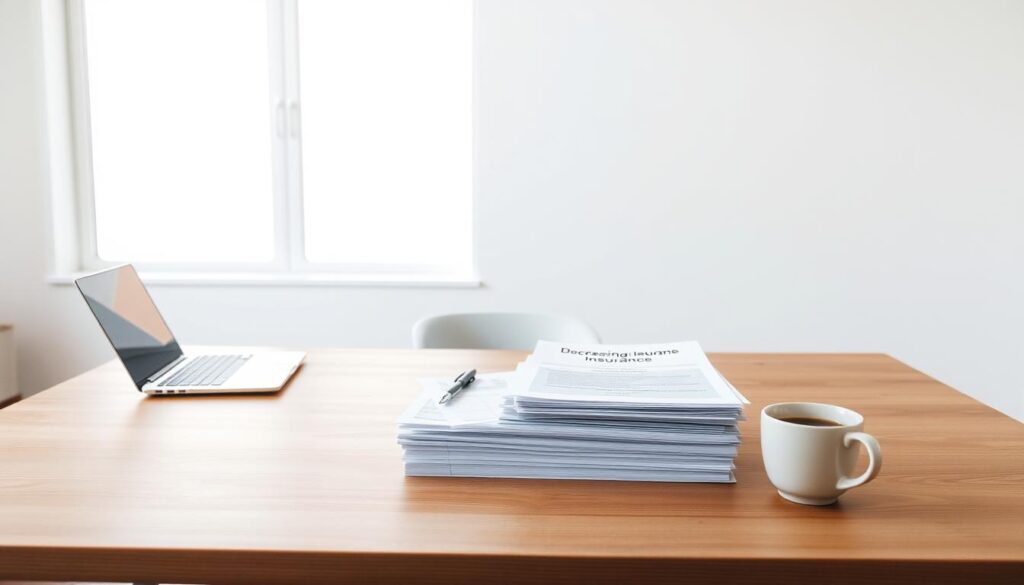 A minimalist office space with a large, wooden desk as the focal point. On the desk, a stack of decreasing term insurance application forms in various stages of completion, accompanied by a laptop, a pen, and a cup of coffee. Soft, diffused lighting from a large window casts a warm glow across the scene, creating a contemplative atmosphere. The background features a plain, white wall, allowing the details on the desk to stand out. The overall composition conveys the thoughtful consideration of decreasing term insurance as a financial option.