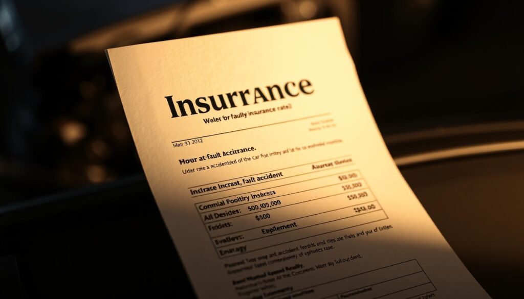 A photo of a person's insurance document showing a significant increase in their monthly premium after an at-fault accident, set against a somber, muted color palette. The document is the focal point, with a blurred background hinting at the aftermath of a car collision. The lighting is moody and dramatic, casting long shadows that convey a sense of unease and financial burden. The overall composition and mood reflect the stress and financial consequences of an at-fault accident on the individual's insurance rates.