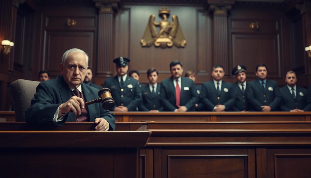 A severe-looking judge sitting in a grand courtroom, gavel in hand, presiding over a case of a person being prosecuted for driving without mandatory auto insurance. In the foreground, the defendant stands in the witness box, their face etched with worry and apprehension. Arrayed behind them, a row of imposing law enforcement officers and legal professionals project an atmosphere of stern authority. The courtroom is bathed in a somber, dramatic lighting, casting deep shadows that convey the gravity of the situation. The overall scene evokes a sense of the profound legal consequences faced by those who flout mandatory insurance laws.