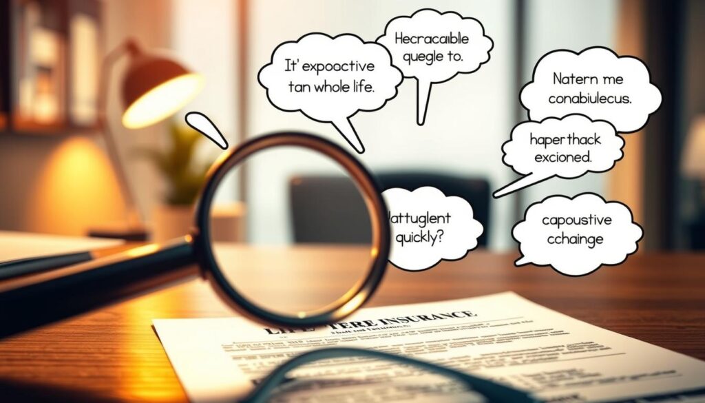 An intricately detailed illustration of common misconceptions about decreasing term insurance, captured in a realistic, photographic style. The foreground features a magnifying glass hovering over a life insurance policy, symbolizing the close examination of details. The middle ground showcases a series of thought bubbles, each containing a common myth or misunderstanding, such as "It's more expensive than whole life" or "Coverage decreases too quickly." The background depicts a subtly blurred office setting, evoking the professional context. Warm lighting casts a contemplative atmosphere, guiding the viewer's focus to the central elements. Captured with a shallow depth of field, creating a visually striking and informative composition.