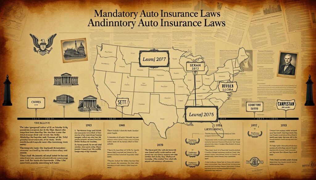 Detailed historical timeline of the evolution of mandatory auto insurance laws, depicted in a realistic vintage style. In the foreground, a series of detailed illustrations showcasing key milestones and legislative events, rendered with a muted color palette and weathered textures suggestive of an aged, historical document. The middle ground features a stylized map of the United States, with each state highlighted to denote the year their mandatory auto insurance laws were enacted. In the background, a subtle interplay of sepia-toned archival imagery, such as newspaper clippings and legal documents, creates a sense of depth and context. The overall composition conveys a sense of scholarly authority and visual interest befitting the subject matter.